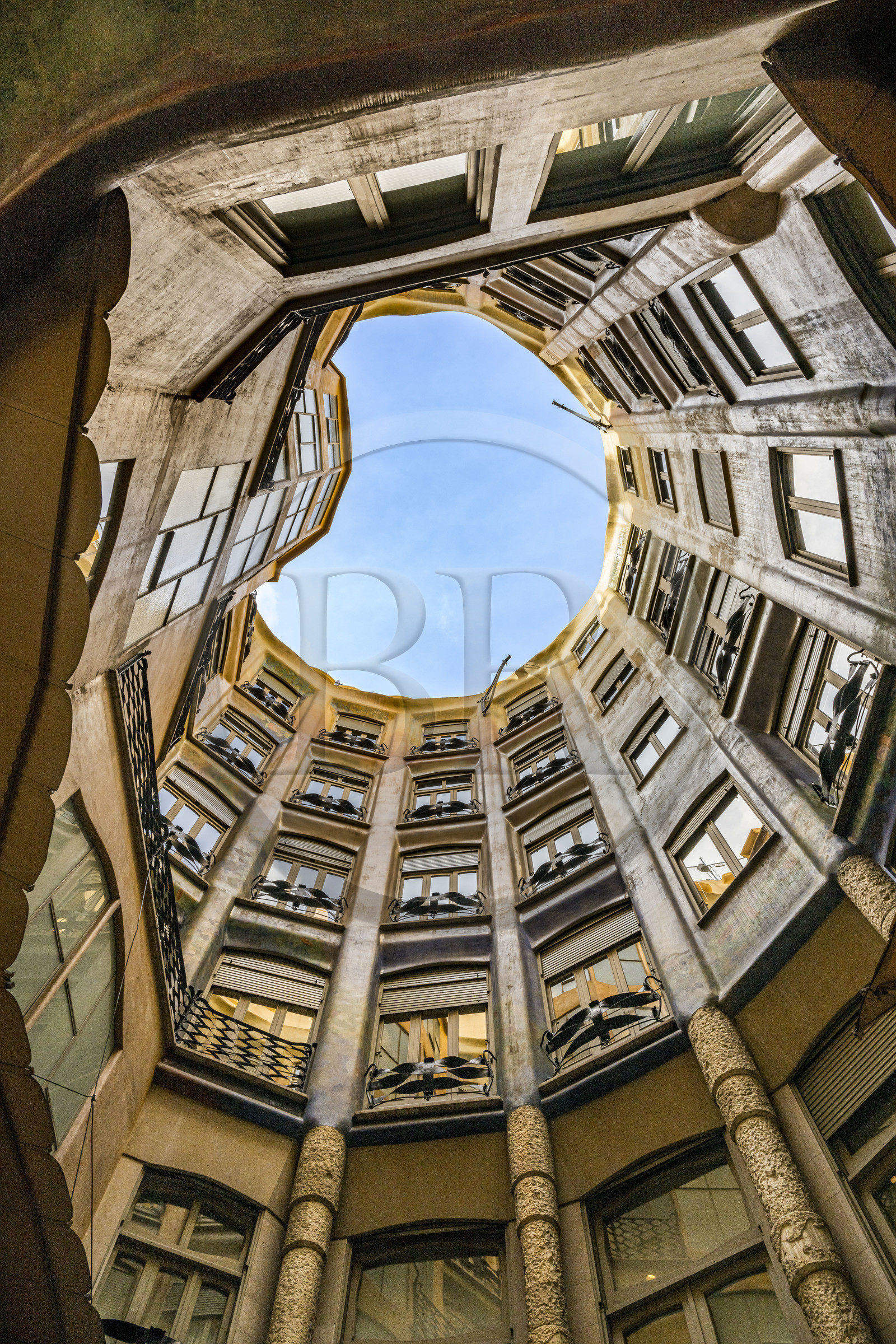 Spain, Catalonia, Barcelona, Eixample district, Passeig de Gracia, Pedrera or Casa Mila (1905-1910) by the Catalan modernist architect Antoni Gaudi, UNESCO World Heritage site, the small interior courtyard