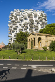 France, Herault, Montpellier, Richter district, the banks of the Lez river, L'Arbre Blanc, building designed by the Japanese architect Sou Foujimoto and the French architects Nicolas Laisne et Manal Rachdi, Richter's Granting desk in the foreground