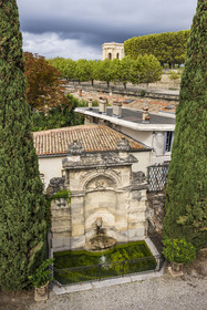 France, Herault, Montpellier, historic center called the Ecusson, The Hotel Haguenot, private mansion called Montpellier Folie from the second half of the 18th century, the fountain and the water tower of the Peyrou promenade in the background