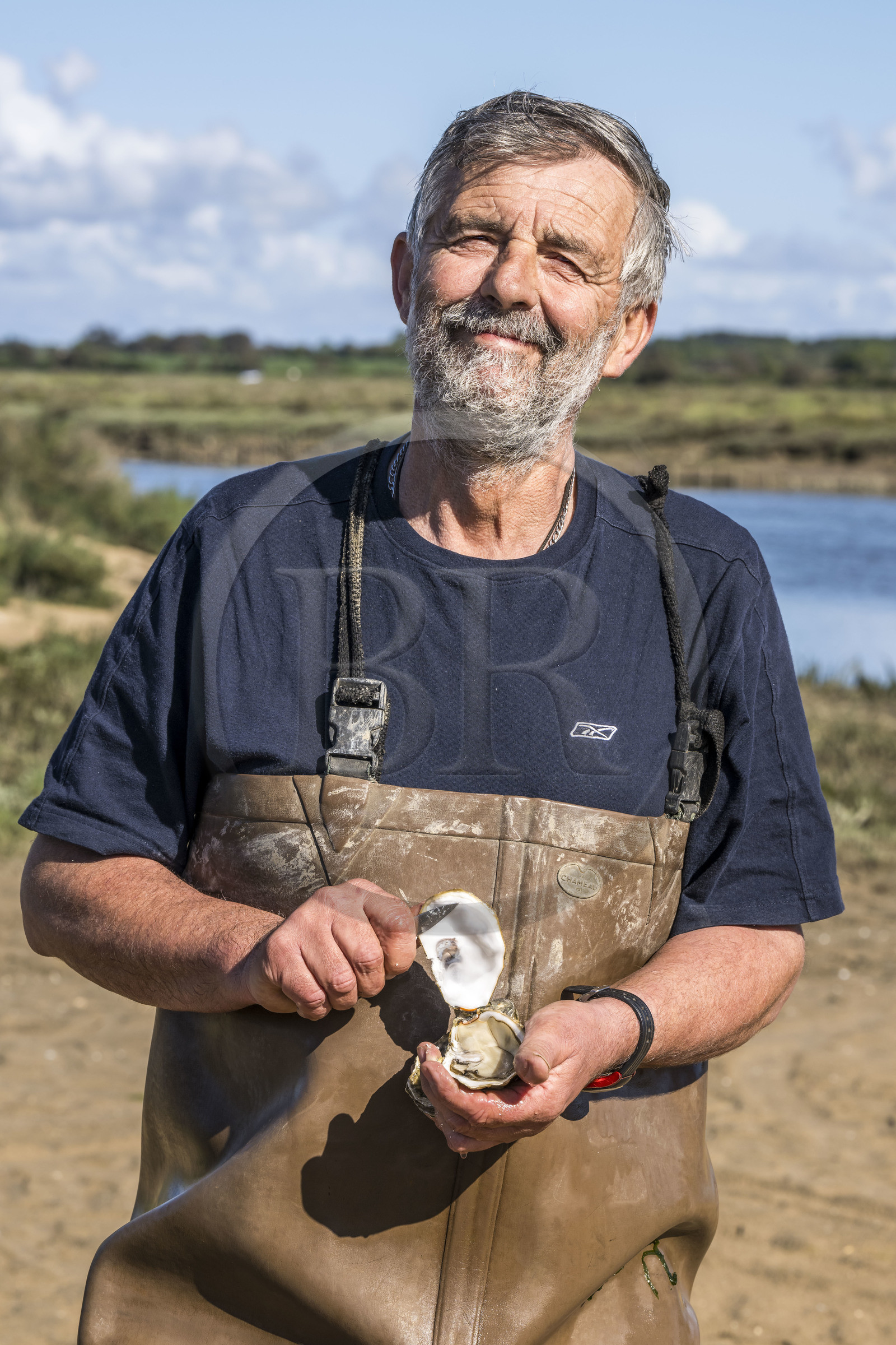 France, Vendée (85), Talmont-Saint-Hilaire, port du village d'ostréiculteurs de la Guittière dans l'estuaire du Payré, l'ostréiculteur Patrick Guyau
