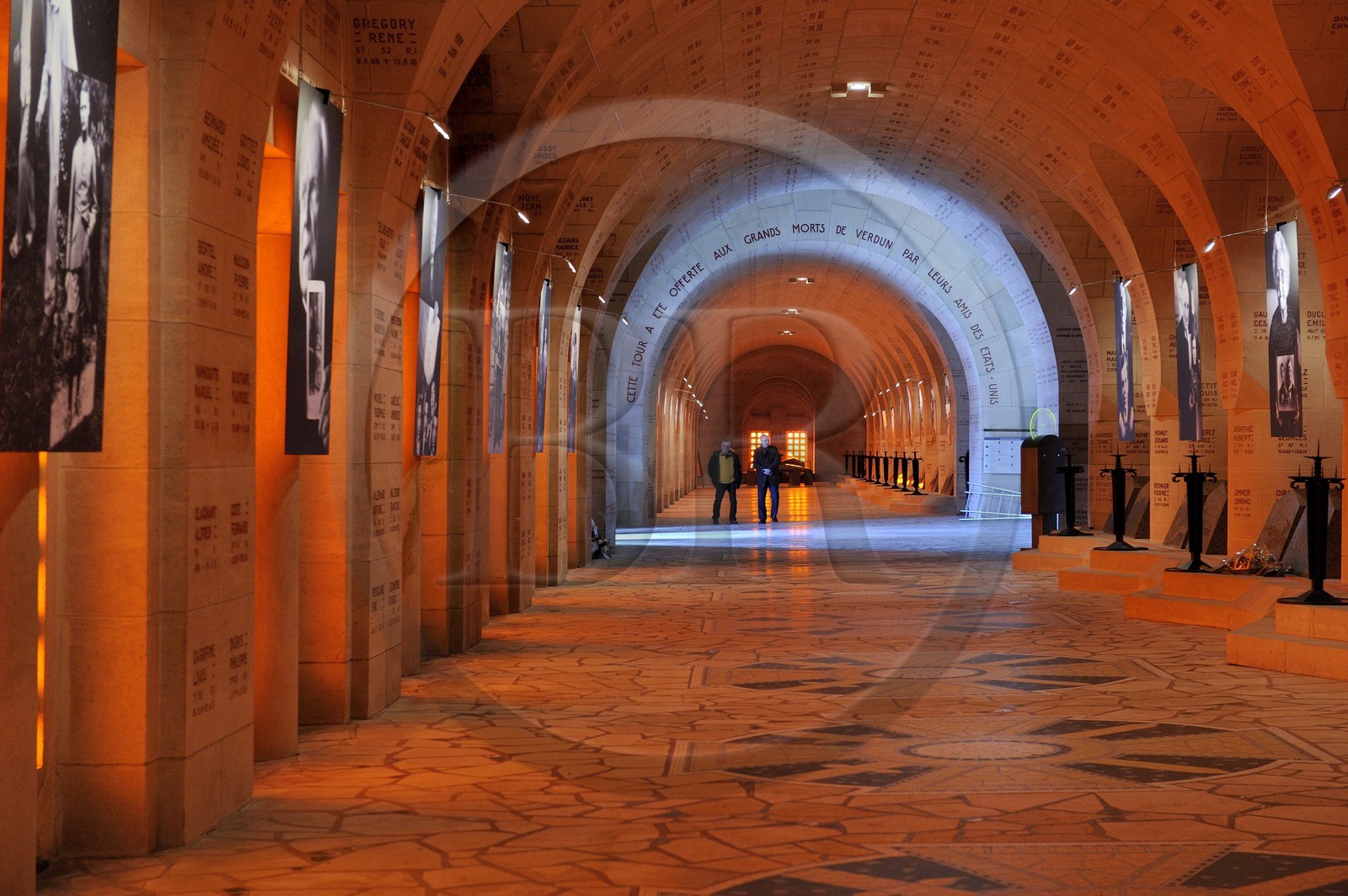 France, Meuse, Verdun area, Douaumont, Douaumont Ossuary,National Necropolis, cloister housing the tombs representing geographic areas of the Battle of Verdun which are engraved the names of fallen soldiers