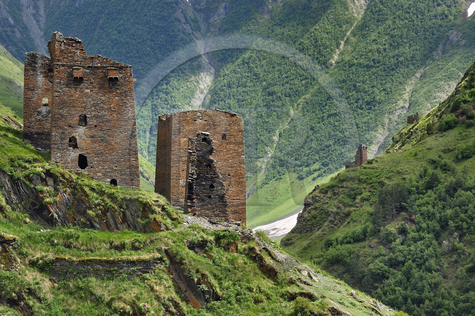 Géorgie, Kakheti, Parc national de Touchétie, vallée de la rivière Alazani dans les montagnes de Pirikiti, ensemble de tours défensives médiévales de l'ancien village de Parsma (Baso)