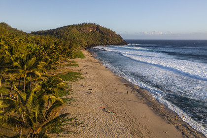 France, Reunion island (French overseas department), Petite-Ile on the southern coast, Grande Anse white sand beach at the foot of the Grande-Anse peak (aerial view)