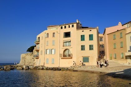 France, Var, Saint-Tropez, Plage de la Glaye Beach and Tour Vieille of the 15th century
