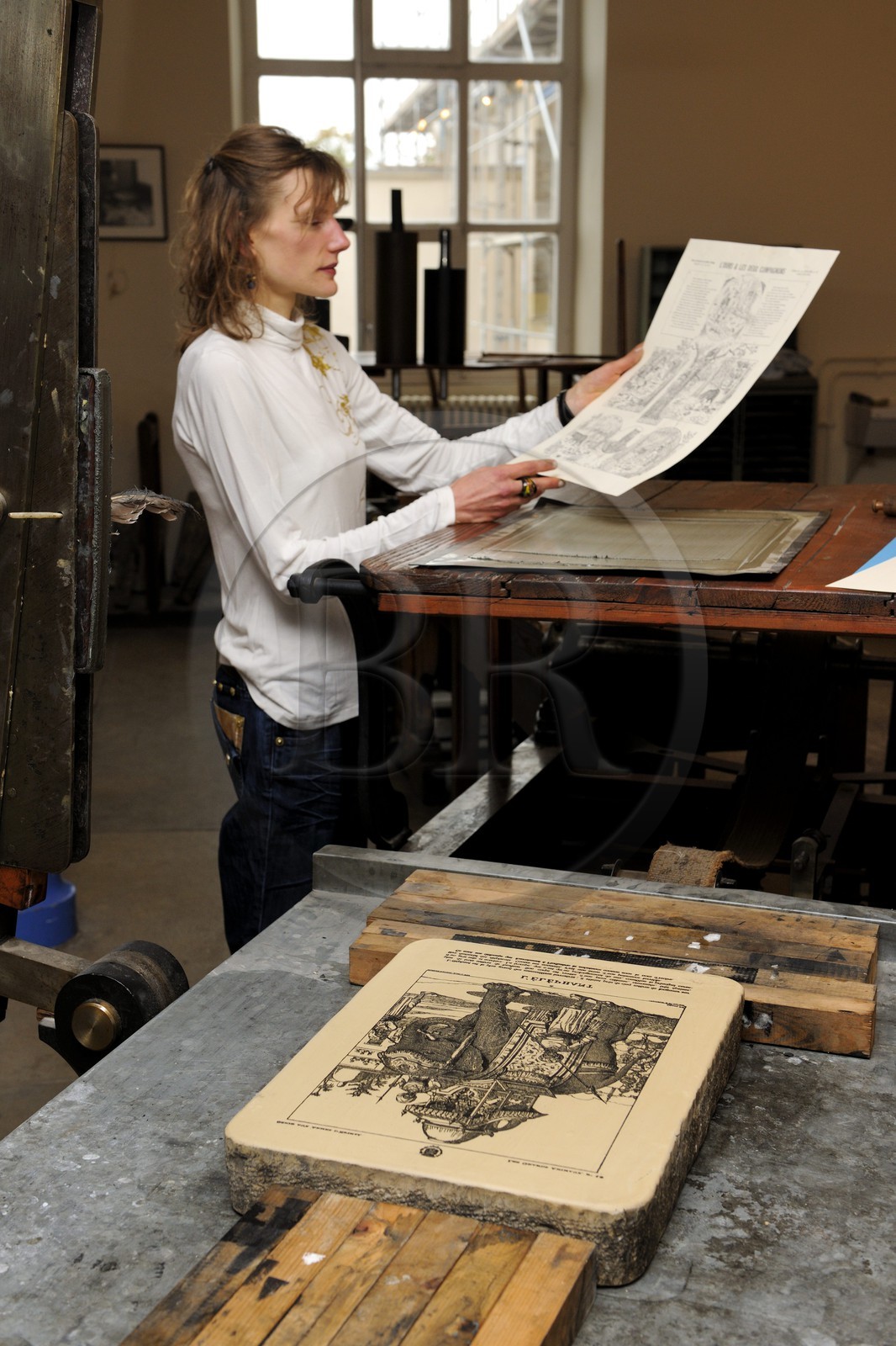France, Vosges (88), Epinal, Cité de l’Image, Imagerie d’Epinal, pierre calcaire grainée utilisée pour la lithographie