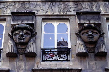 France, Paris, Place du Caire (Cairo Square), entrance of the Passage du Caire, chapiter with the head of Hathor Goddess