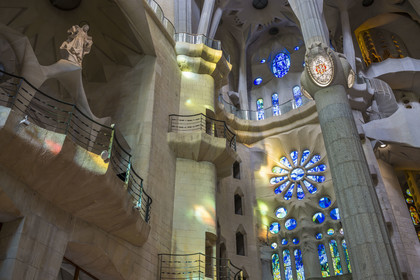 Spain, Catalonia, Barcelona, Eixample district, Sagrada Familia basilica by Catalan modernist architect Antoni Gaudi, listed as a UNESCO World Heritage Site, the interior of the Passion facade dedicated to the Virgin Mary and the transept on the right