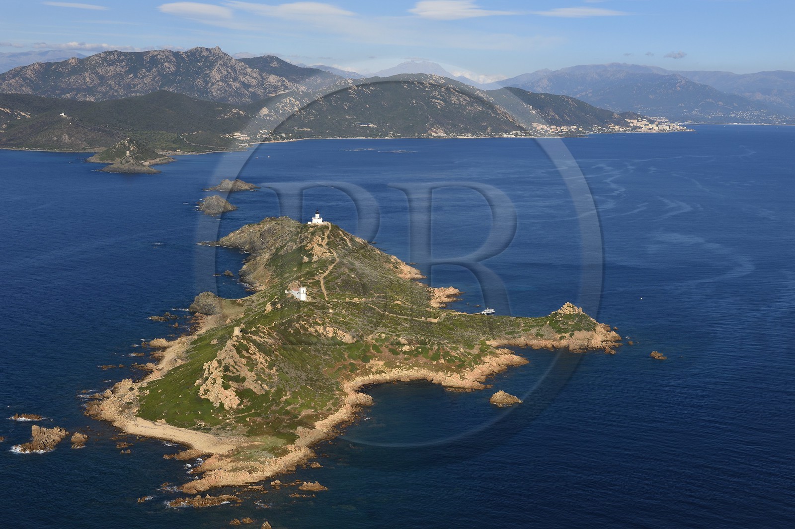 France, Corse du Sud, Golfe d'Ajaccio, Parata point, Sanguinaires islands, Mezzu mare island and its lighthouse (aerial view)