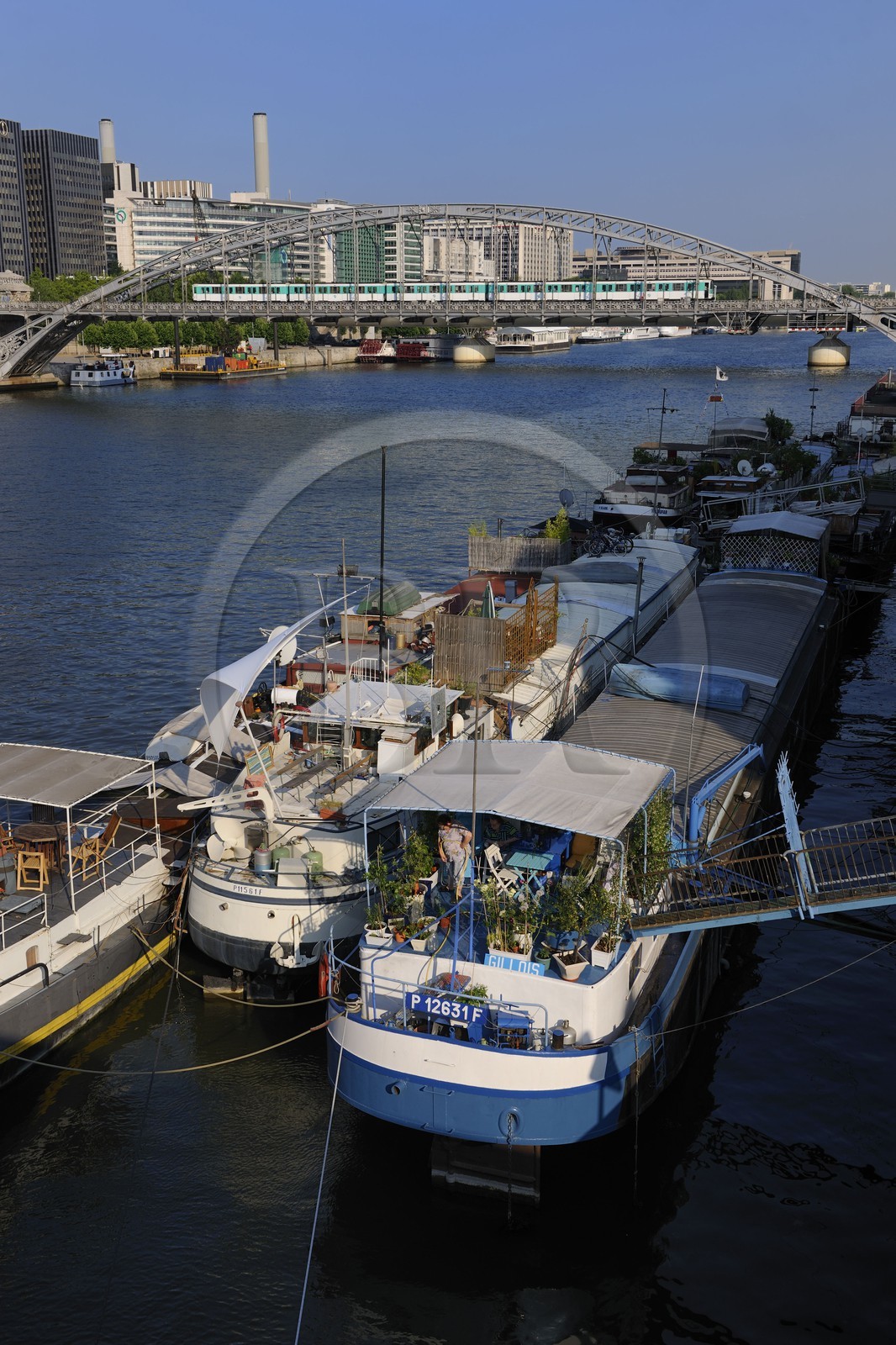 France, Paris (75), les rives de la Seine, classées Patrimoine Mondial de l'UNESCO, péniches amarées au port d'Austerlitz et metro aérien