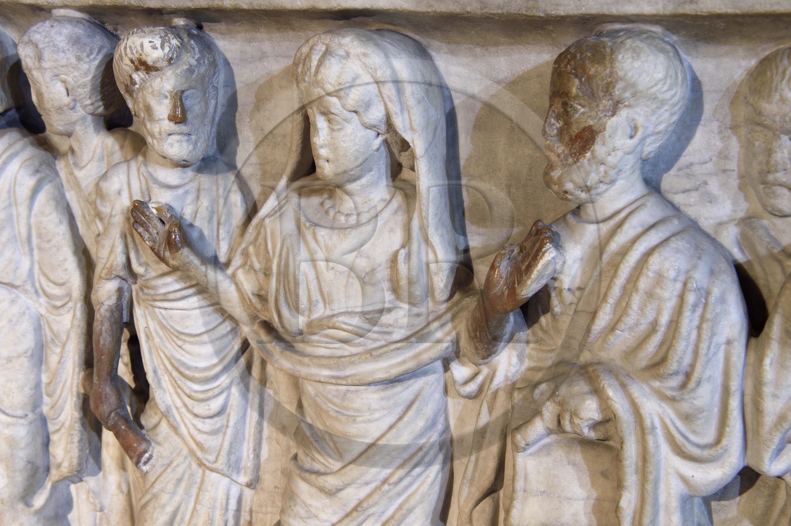 France, Puy de Dome, Clermont Ferrand, Notre-Dame de l'Assomption cathedral, in the 10th century crypt, 4th century Gallo-Roman Christian marble sarcophagus representing the deceased depicted as a prayer leader in the presence of Christ