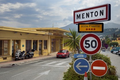 France, Alpes-Maritimes, Menton, the customs post of Pont Saint Louis made ​​famous by the french film Le Corniaud by Gerard Oury