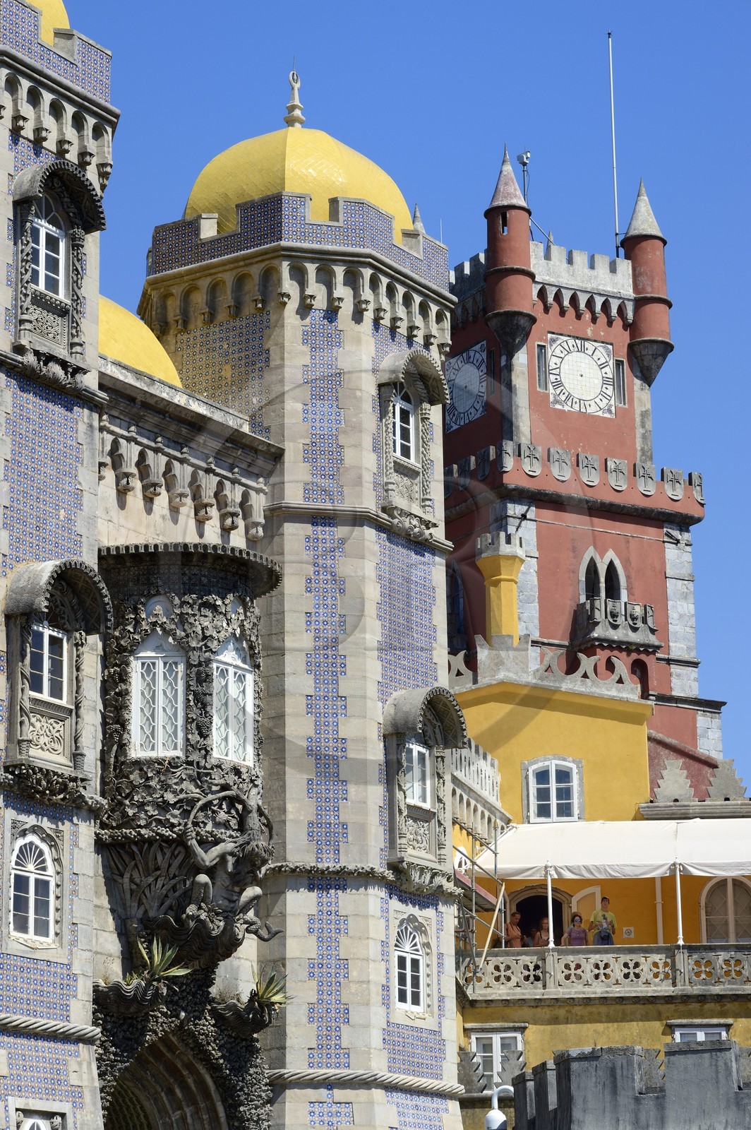 Portugal, Lisbon Region, Sintra, Pena National Palace (Palacio Nacional da Pena) listed as World Heritage by UNESCO, the depiction of a newt symbolizing the allegory of creation of the world and the clock tower