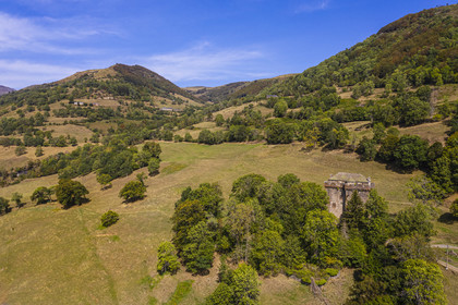 France, Cantal, Parc Naturel Régional des Volcans d'Auvergne (regional nature park of Auvergne volcanoes), Brezons, 15th century keep of the Boyle castle in the Brezons valley and the Griffoul pass in the background (aerial view)