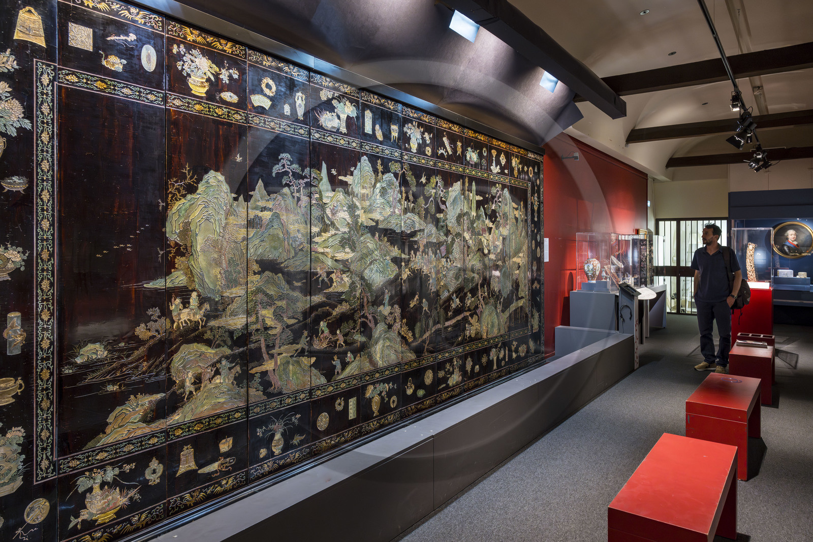 France, Morbihan (56), Port-Louis, la citadelle de Port-Louis, musée de la Compagnie des Indes, paravent de la côte de Coromandel représentant la chasse de l'empereur Kangxi dans la réserve Mulan, Chine période Kangxi 1662-1722