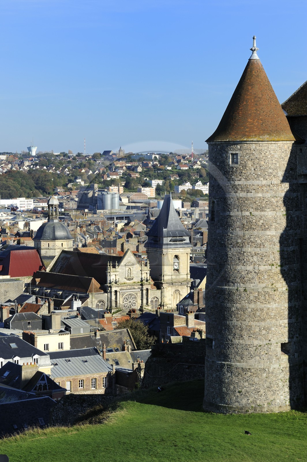 France, Seine-Maritime, Dieppe, the Castle-museum dominates the city and the Saint-Remy church in the background