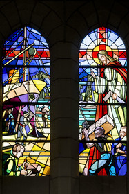 France, Loire-Atlantique, Saint-Nazaire, stained glass window of the church of Saint-Nazaire depicting work in the shipyard
