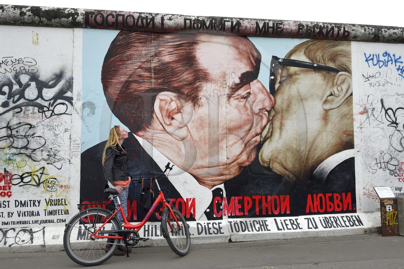 Germany, Berlin, Friedrichshain-Kreuzberg, East Side Gallery, The Wall, work dating from the 1990's, renovated in 2009, entitled Friendship Kiss by artist Dmitri Vrubel, representing General Secretaries Leonid Ilitch Brejnev and Erich Honecker