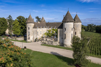 France, Côte-d'Or (21), les climats de Bourgogne classés Patrimoine Mondial de l'UNESCO, Côte de Beaune, Savigny-les-Beaune, le chateau avec les musées et collections avions de chasse, voitures de course Abarth, motos, tracteurs enjambeurs, maquettes, camions de pompiers (vue aérienne)
