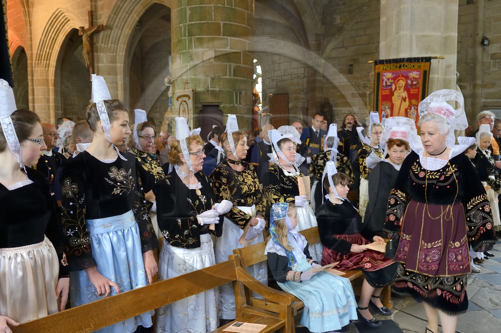 France, Finistere, Locronan, labelled Les plus Beaux Villages de France (The Most Beautiful Villages of France), Saint Ronan church, religious ceremony that precedes the procession of the Tromenie