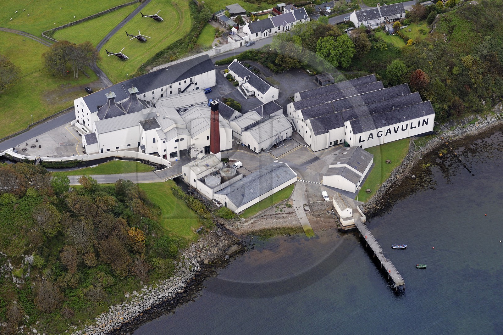 United Kingdom, Scotland, Inner Hebrides, Islay Island, Port Ellen, Lagavulin Scotch whisky distillery (aerial view)