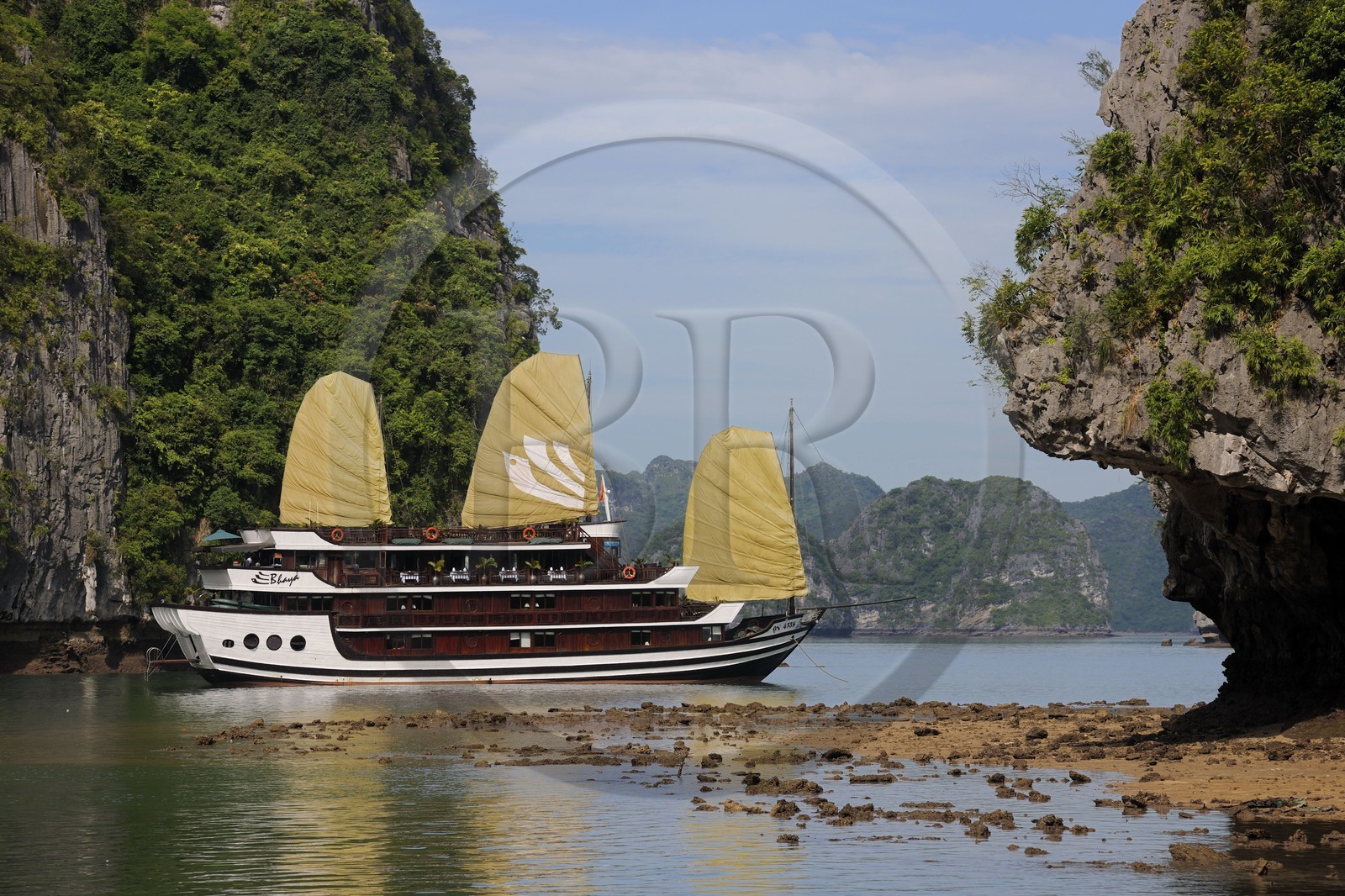Vietnam, Quang Ninh Province, Halong Bay, listed as World Heritage by UNESCO, Bahya cruises luxury junk at Bo Hon island