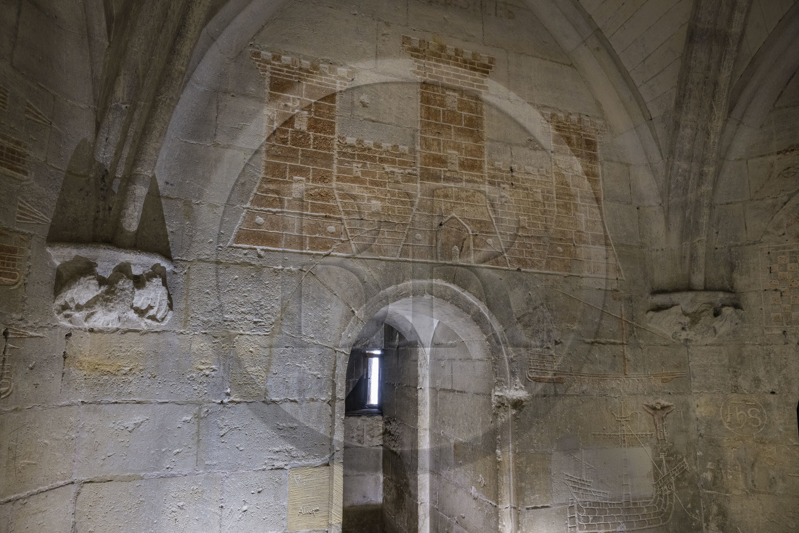 France, Bouches-du-Rhône (13), Tarascon, le chateau du roi René datant du XVe siècle, graffiti et ex-voto du prisonnier catalan, gravés par un prisonnier de René Ier vers 1480, dont des navires longs, galères de marchandises, brigantins, galiotes, galères de combats ou fustes mais aussi des navires ronds, cocas catalanes, nefs ibériques et caraques provençales, qui rappellent les caravelles utilisées par Christophe Colomb