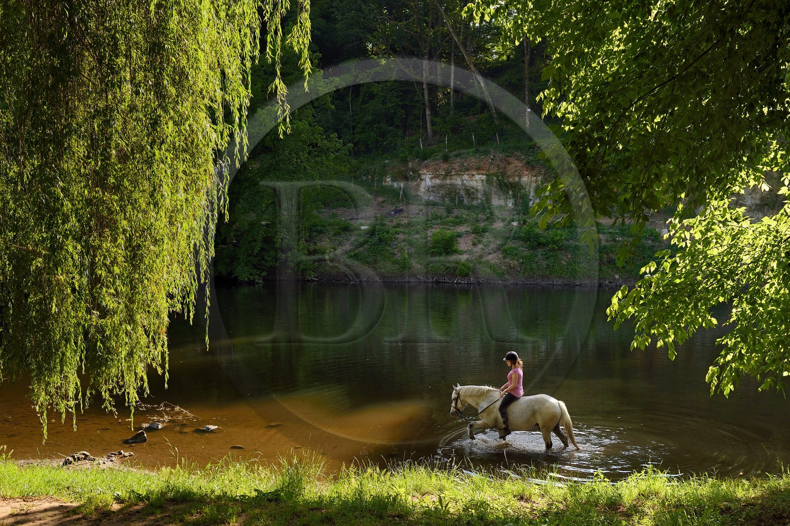 France, Dordogne (24), Périgord Noir, vallée de la Vézère, Saint-Léon-sur-Vézère, labellisé Les Plus Beaux Villages de France, une cavalière sur les rives de la Vézère