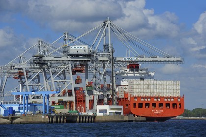 France, Seine Maritime, Le Havre, commercial port, container ship in the Rene Coty docking basin and cranes