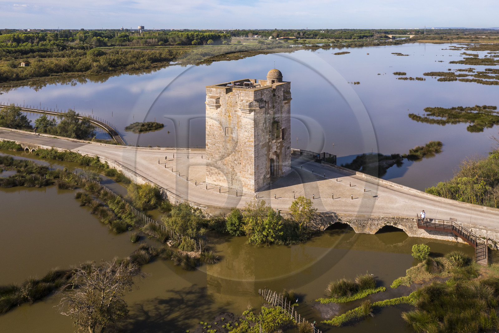 France, Aigues-Mortes, Saint-Laurent-d'Aigouze, la Tour Carbonnière dans la Petite Camargue (vue aérienne) France, Aigues-Mortes, Saint-Laurent-d'Aigouze, the Carbonnière Tower in the Petite Camargue (aerial view)