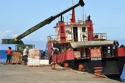 Caraïbes, Ile de la Dominique, port de commerce de Portsmouth dans la baie de Prince Rupert, dechargement d'un bateau
