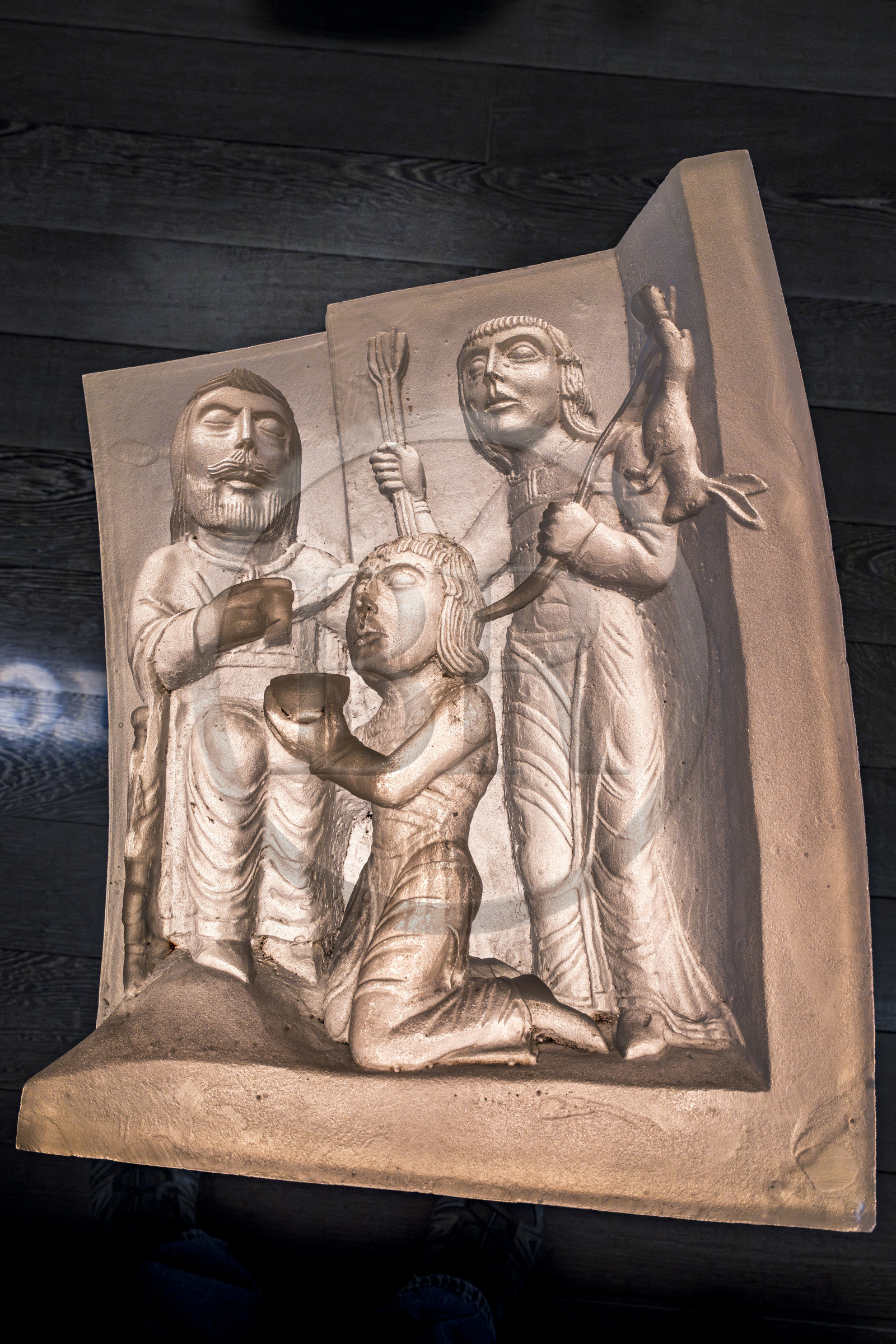 France, Vendee, Nieul-sur-l'Autise, Royal Abbey of Saint-Vincent, hall of capitals, reproduction of a capital in translucent resin, blind Isaac blesses Jacob in place of his brother Esau