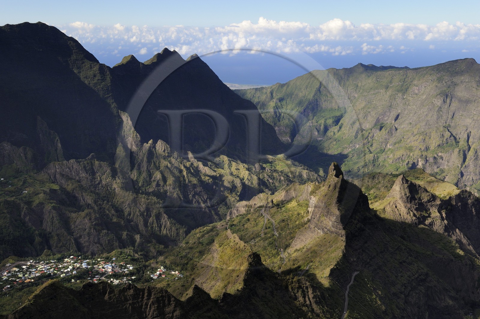 France, Reunion island (French overseas department), cirque of Cilaos, listed as World Heritage by UNESCO, village of Palmiste rouge (aerial view)