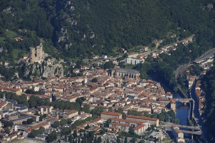France, Ariege, Foix, 10th-15th centuries castle (aerial view)