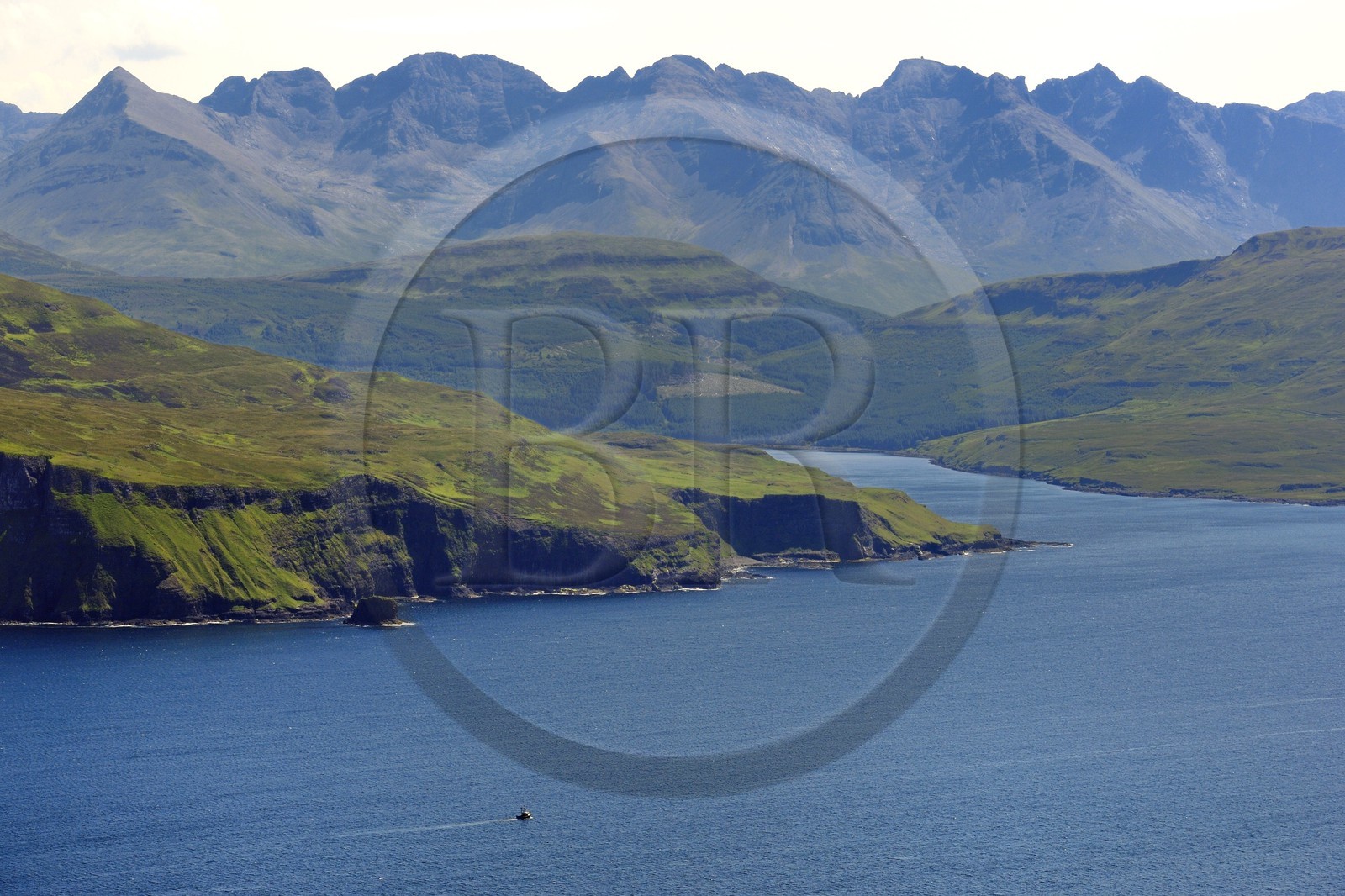 United Kingdom, Scotland, Highland, Inner Hebrides, Isle of Skye, Loch Eynort on the west coast of Minginish Peninsular and the Cuillins in the background (aerial view)