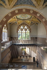 Spain, Catalonia, Barcelona, El Guinardo district, former Hospital de la Santa Creu i de Sant Pau listed as UNESCO World Heritage, modernist style by architect Domenech i Montaner, today a museum and a cultural center, administration building