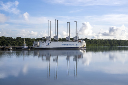France, French Guiana, Kourou, the Canopée, docked at the port of Pariacabo on the Kourou River, is a mechanical sailing cargo ship specializing in the transport of components for the Ariane 6 rocket, developed by the European Space Agency