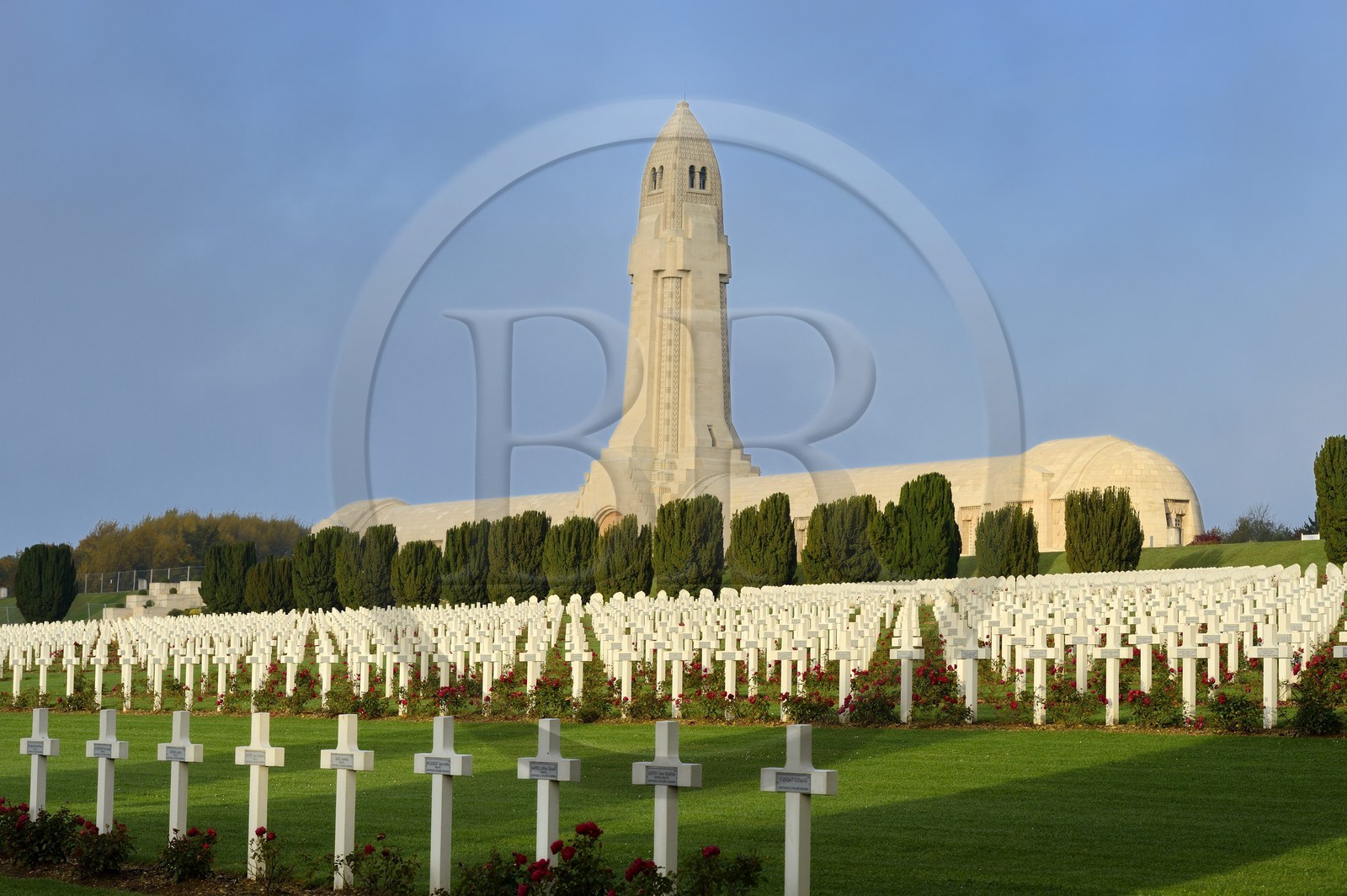 France, Meuse, Douaumont, battle of Verdun, ossuary of Douaumont, soldiers graves aligned in front of the national necropolis