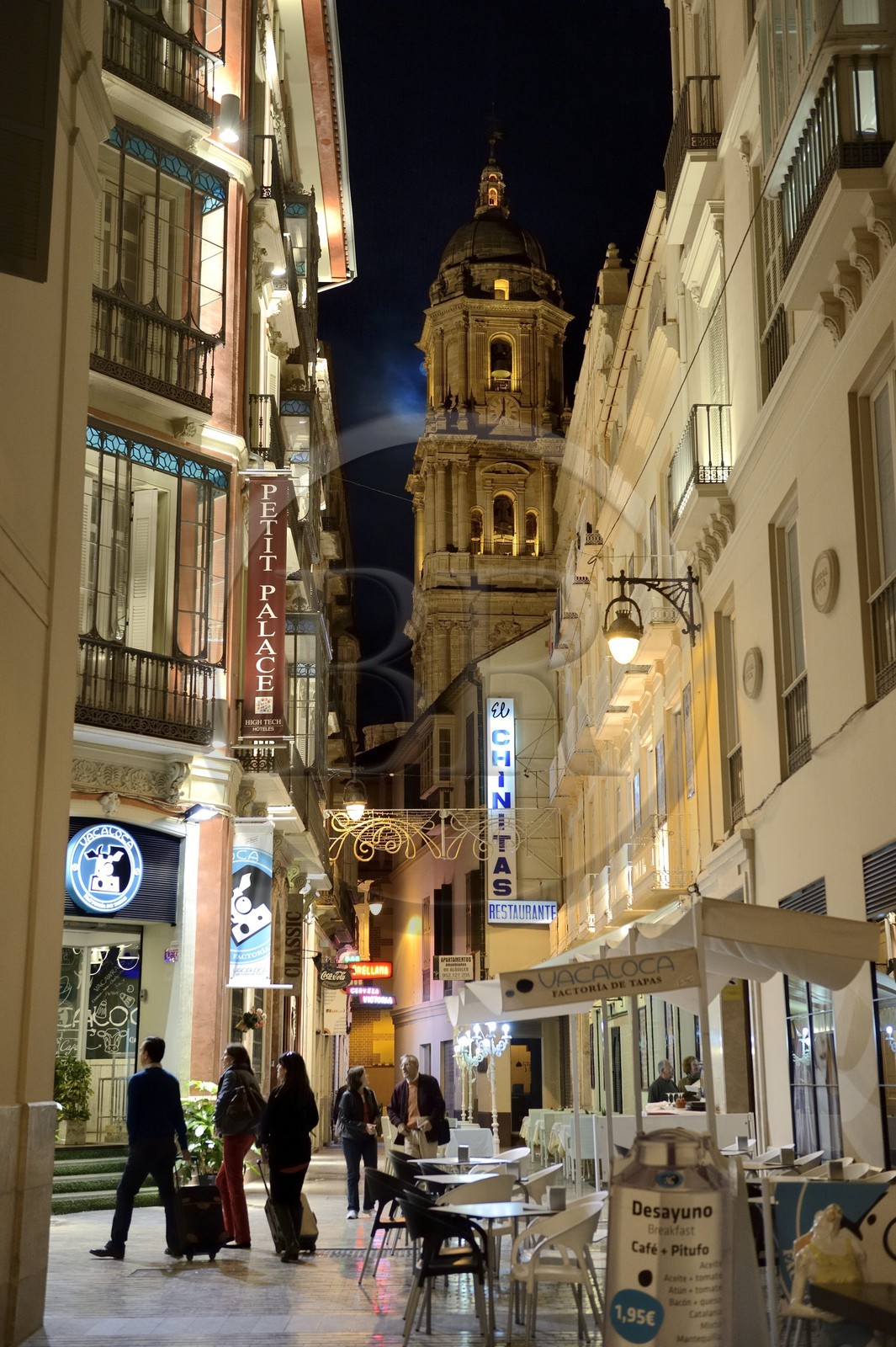 Spain, Andalusia, Malaga, the cathedral in the axis of a lane leading to the main street Calle Marques de Larios