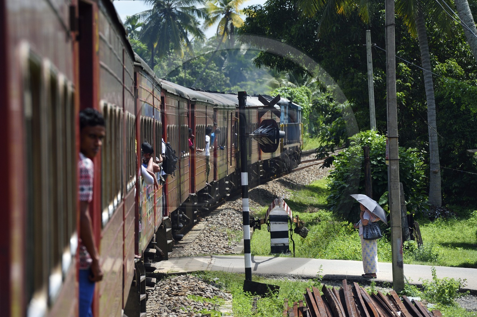 Sri Lanka, Province du Sud, train de Colombo à Galle, passagers accrochés aux portières vers Boossa
