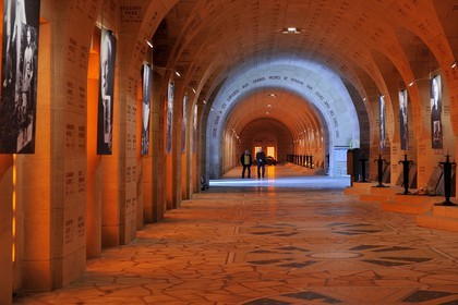 France, Meuse, Verdun area, Douaumont, Douaumont Ossuary,National Necropolis, cloister housing the tombs representing geographic areas of the Battle of Verdun which are engraved the names of fallen soldiers