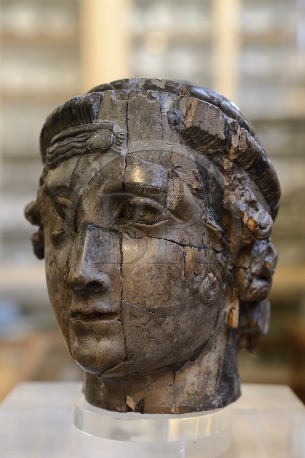 France, Isère (38), Vienne, Musée des Beaux-Arts et d'Archéologie situé au premier étage de l'ancienne halle à grains, coffret en forme de tête en ivoire datant du IVème siècle