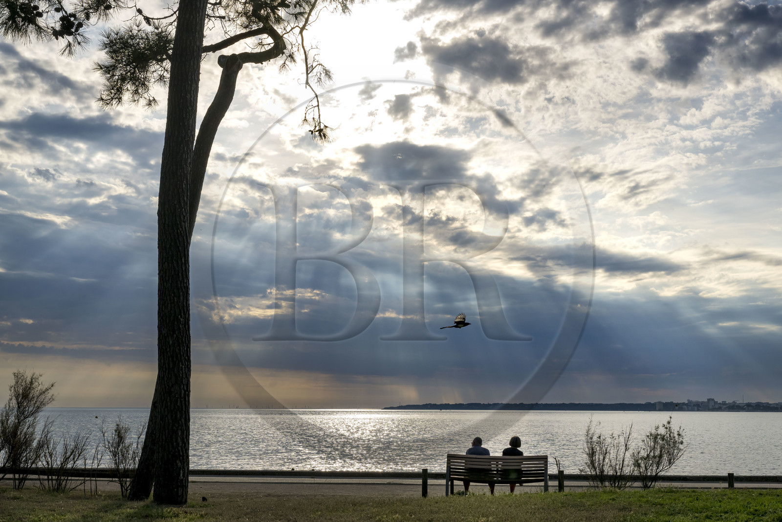 France, Loire-Atlantique (44), Saint-Brévin-Les-Pins, couple sur un banc de la promenade de bord de mer à Mindin et Saint-Nazaire en arrière plan