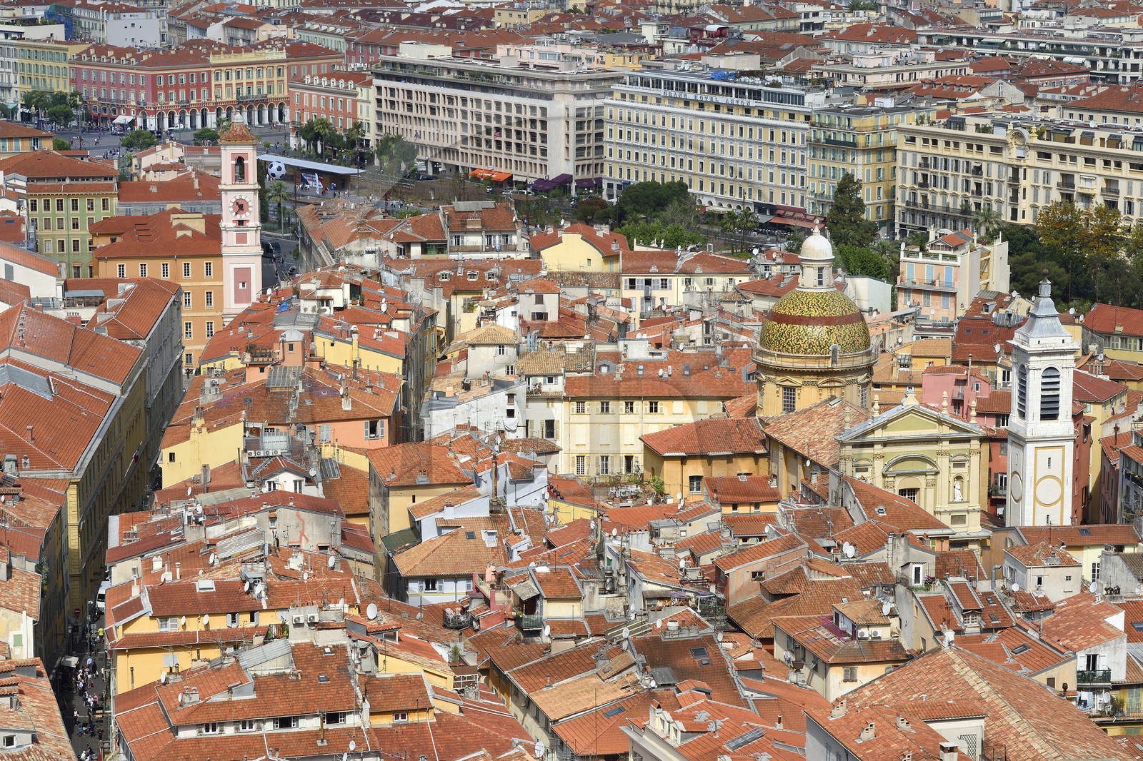 France, Alpes-Maritimes, Nice, Old Town, Sainte-Reparate (St. Reparata) cathedral right and the Clock Tower left