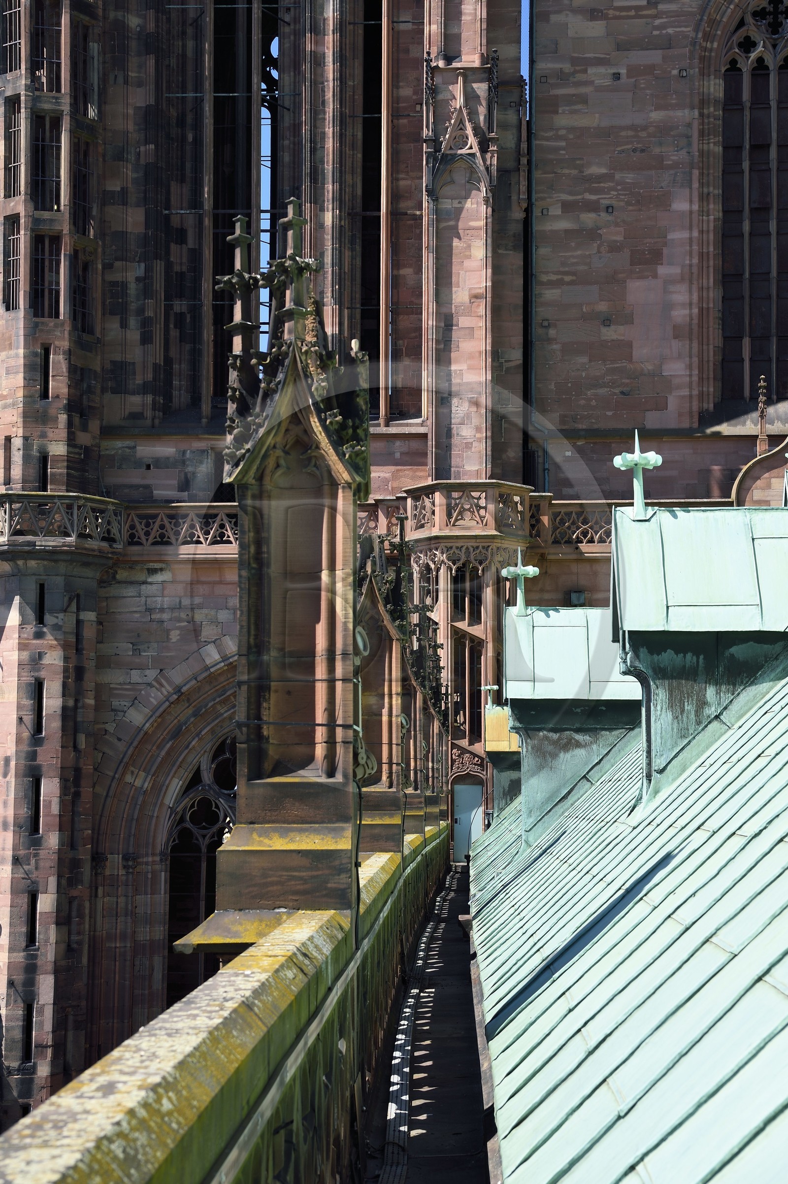 France, Bas-Rhin (67), Strasbourg, vieille ville classée au Patrimoine Mondial de l'UNESCO, la cathédrale Notre-Dame, toiture de la facade sud et un escalier de la tour sud