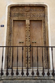 France, Var, Saint-Tropez, door on the city hall square made in Zanzibar in the 19th century and brought by ship by a captain from Saint Tropez