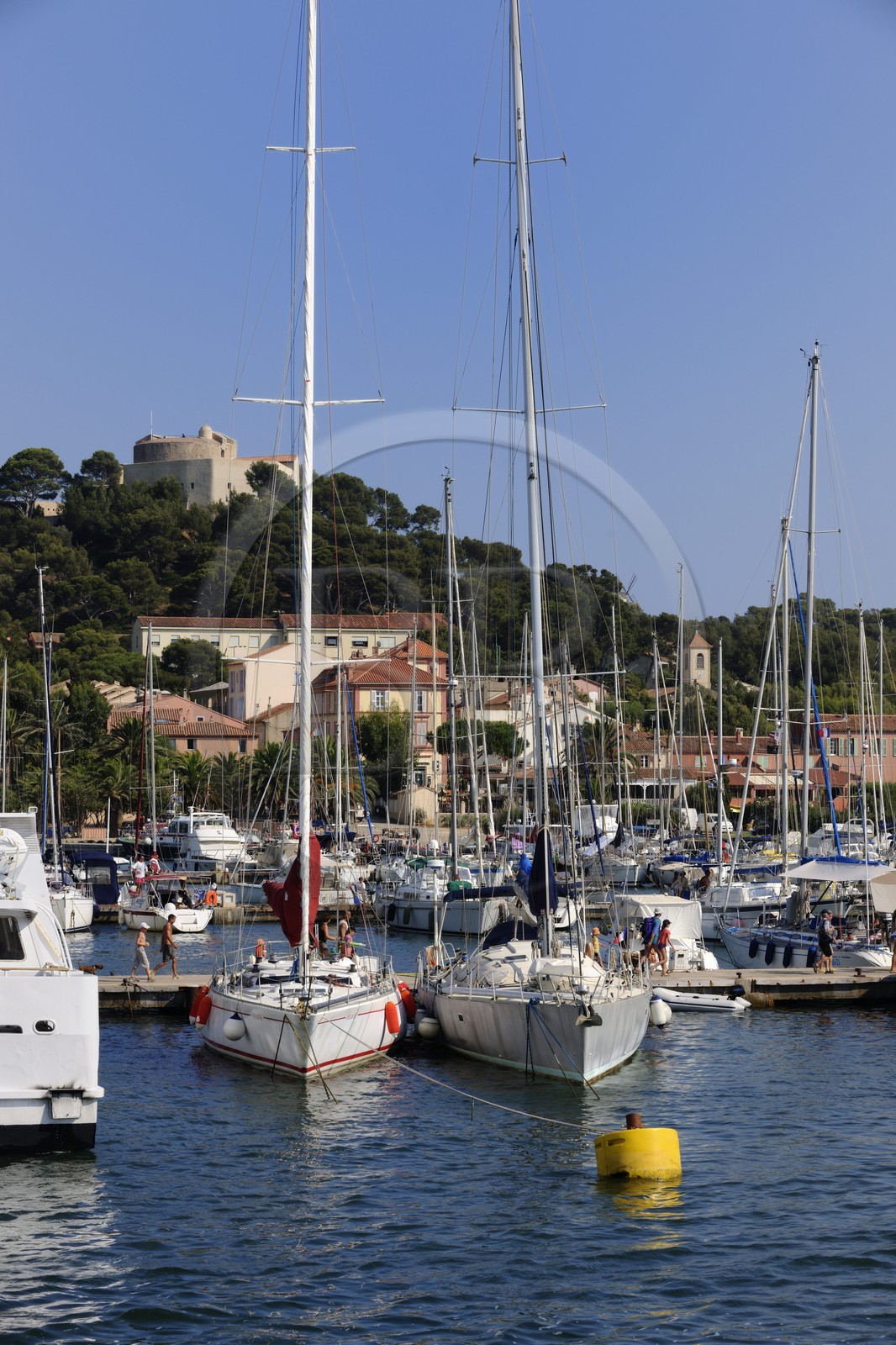 France, Var (83), Iles d'Hyères, parc national de Port-Cros, île de Porquerolles, le village et le port dominés par le fort de Sainte Agathe