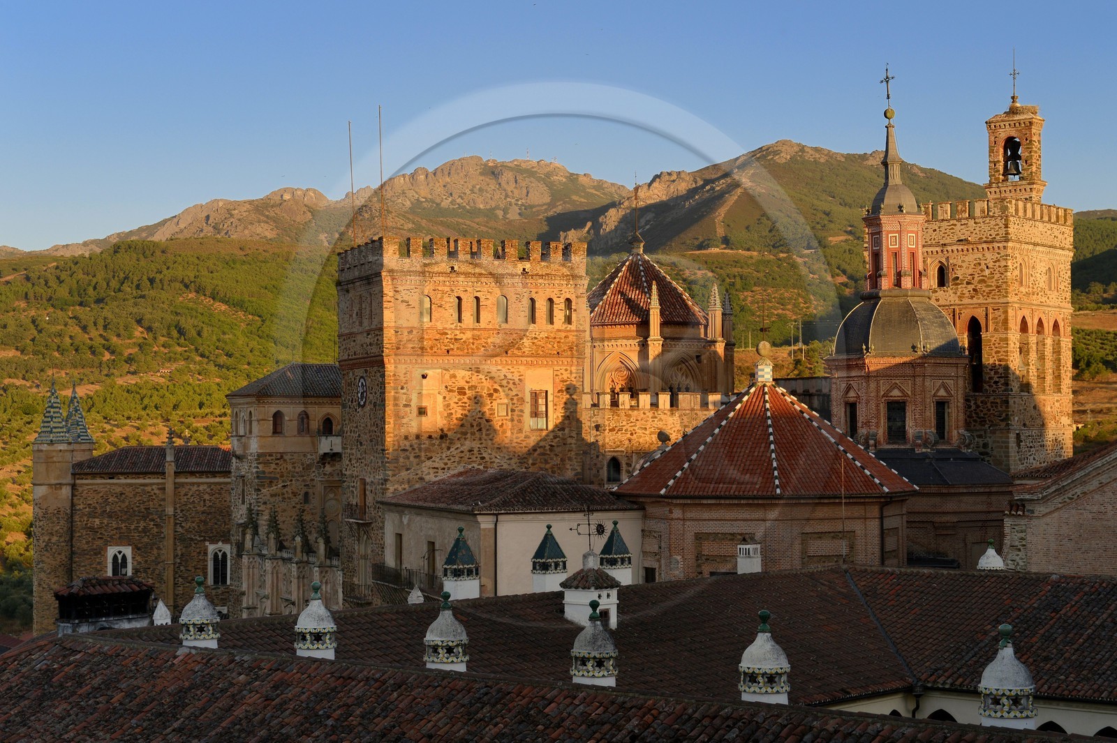 Spain, Extremadura, Guadalupe, Royal Monastery of Santa Maria de Guadalupe listed as World Heritage by UNESCO, sanctuary consisting of eight towers built at the spot where the Virgin appeared to a shepherd