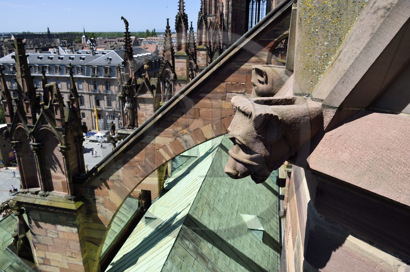 France, Bas-Rhin (67), Strasbourg, vieille ville classée au Patrimoine Mondial de l'UNESCO, la cathédrale Notre-Dame, arcs-boutants de la facade sud et gargouilles