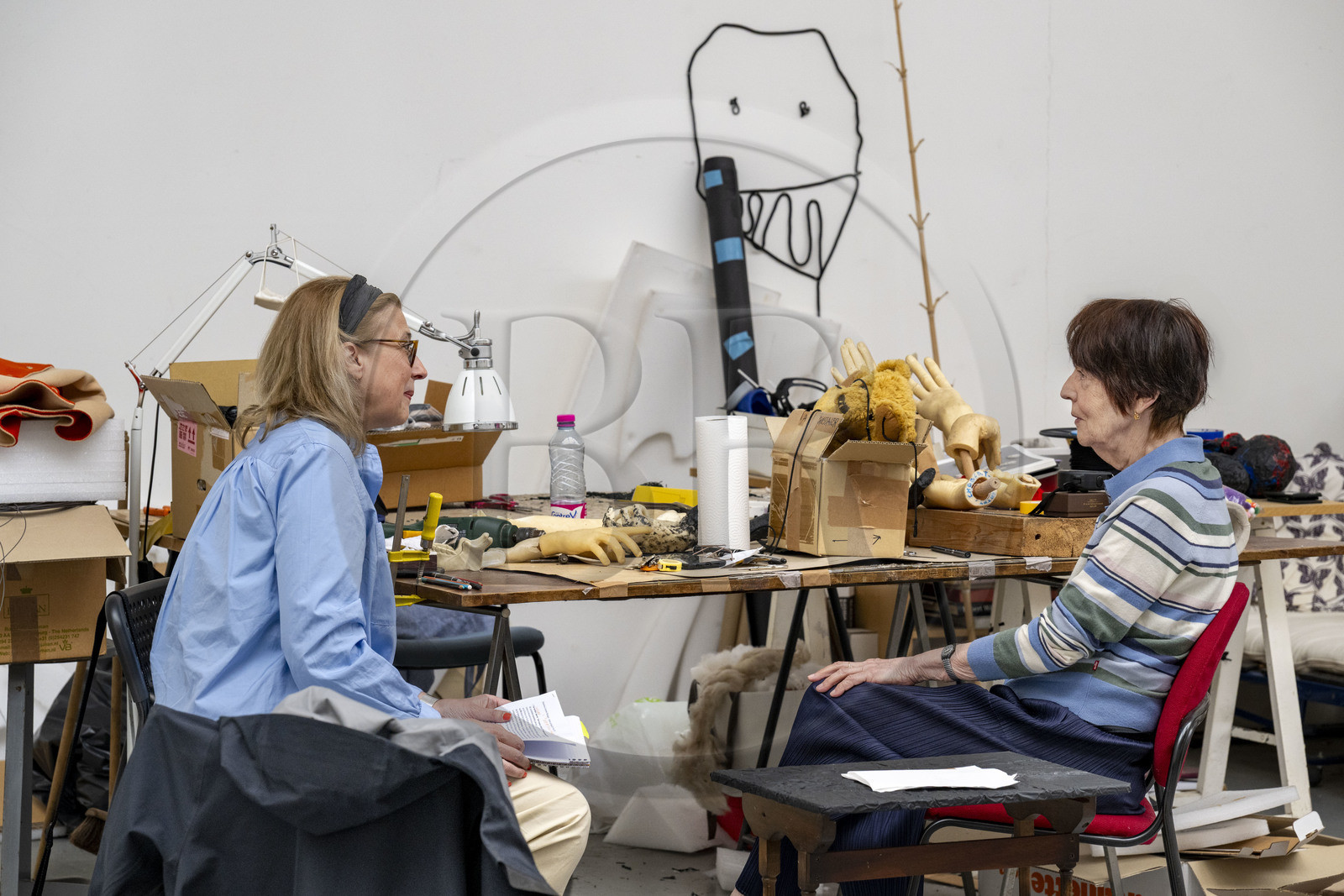 France, Hauts-de-Seine (92), Malakoff, l'artiste Annette Messager dans son atelier, visite d'atelier avec la docteur en Histoire de l'Art et journaliste Caroline Benzaria