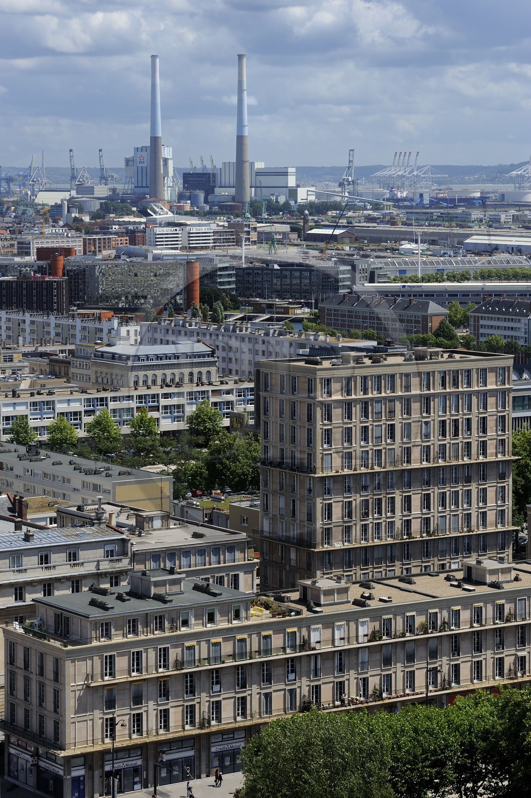 France, Seine Maritime, Le Havre, Downtown rebuilt by Auguste Perret listed as World Heritage by UNESCO, Perret buildings and the port in the background